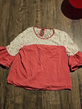 Andrew Marc Red Stripe White Lace Yoke Blouse Ruffle Women 100% Cotton